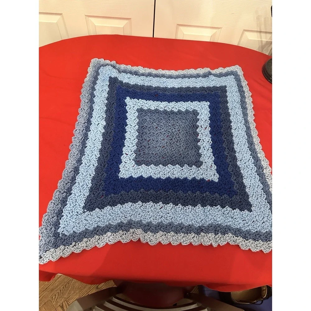 Crocheted Afghan Lap Blanket Light Blue Dark Blue Size Small
